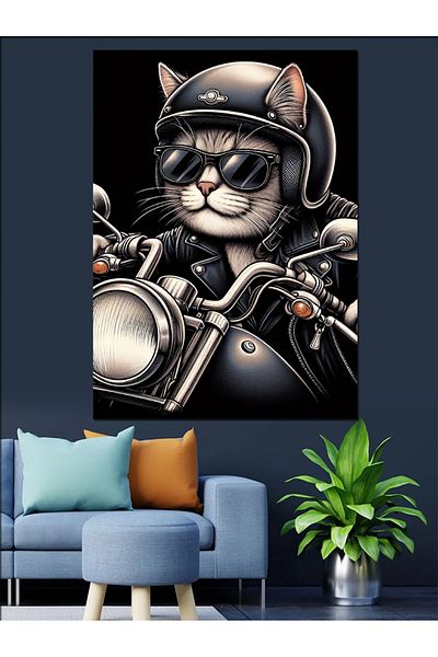 Tablomega Pânză decorativă Pisica care conduce motocicletă - Lemn MDF
