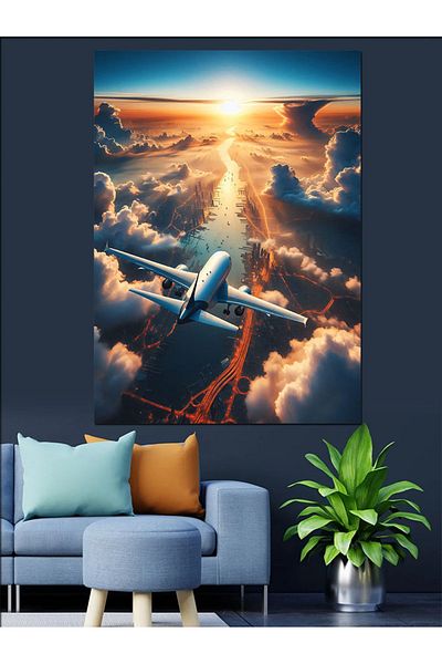 Tablomega Pânză Decorativă Avion și Vedere Oraș - Lemn MDF