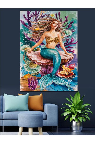 Tablomega Pânză decorativă cu corali colorați și sirenă - pictură din lemn MDF