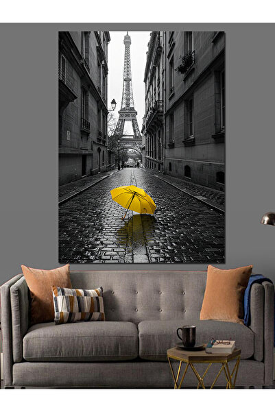 KanvasSepeti Umbrelă galbenă în ploaie și pictură în ulei de stradă, texturat...