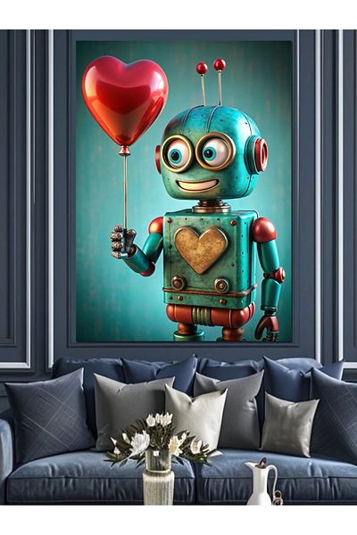 Tablomega Robot drăguț care ține un balon inimă Pânză decorativă - Lemn MDF