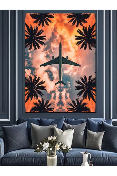 Tablomega Pânză decorativă cu palmieri și avion - pictură din lemn MDF