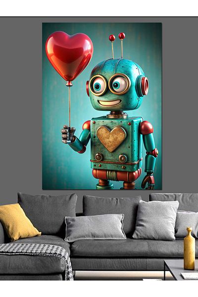 Tablomega Robot drăguț care ține un balon inimă Pânză decorativă - Lemn MDF