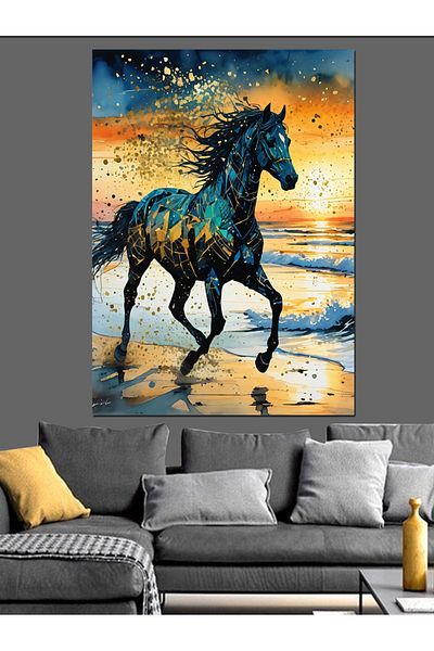 Tablomega Cai negru și fundal abstract Canvas decorativ - Lemn MDF