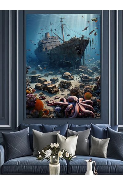 Tablomega Navă adâncită și creaturi marine Pânză decorativă - Lemn MDF