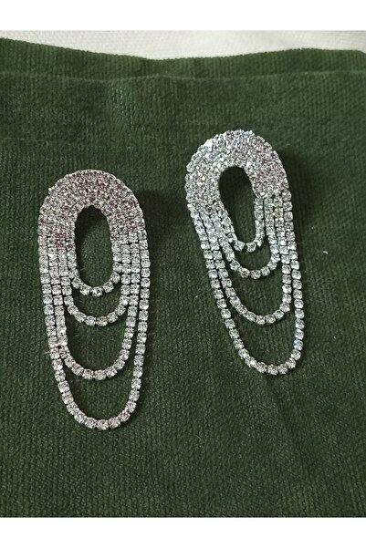 mos&more Beyaz Taşlı Işıltılı Kadın Abiye Küpe, Püskül Küpe, Suyolu