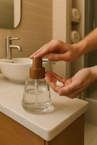 Mirilliahome Γυάλινος διανομέας υγρού σαπουνιού με καπάκι ακακίας – Κομψός διανομέας σαπουνιού μπάνιου και κουζίνας