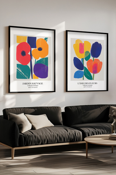 STARYUNA Moderni cvetni set od 2 slike u crnom drvenom okviru, cvetna slika Y...