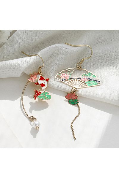 Choice ER21Y0386-2 Chinese Style Folding Fan Modeling Crane Cloud Hanging Dangle Earrings for Women Hollow