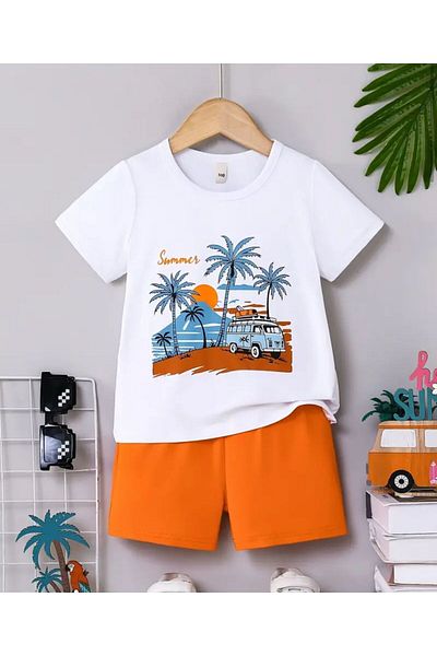 vinraus Set de tricou și pantaloni scurți cu imprimeu pentru mașină de vară alb-portocaliu pentru fată/băiat