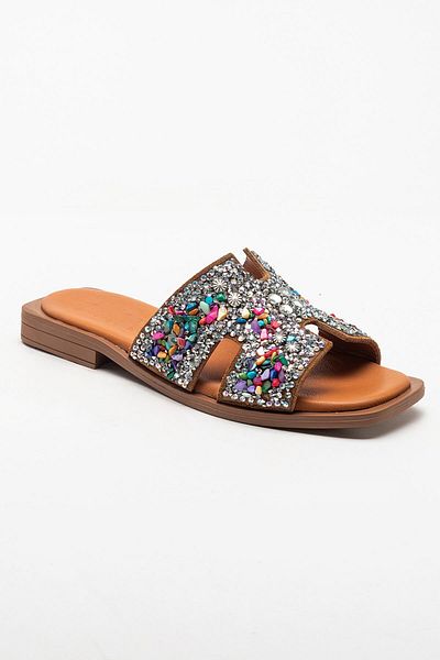 PASSAGE SHOES Дамски велурени кожени чехли с камъни 6292 TABA SUEDE