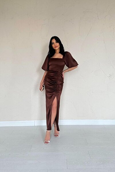 JANES Brown Gathered Satin Dress