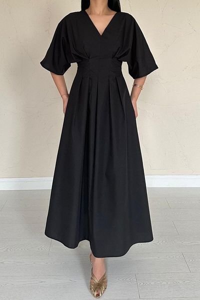 Gökyüzü Moda Black Pleated Long Dress