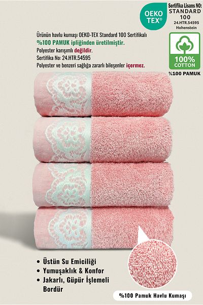 Ellaline Milano 4-Piece Hand Towel Set 100% Cotton Certified, Hand Face Kitchen Towel Jacquard Guipure 50X90Cm Pink
