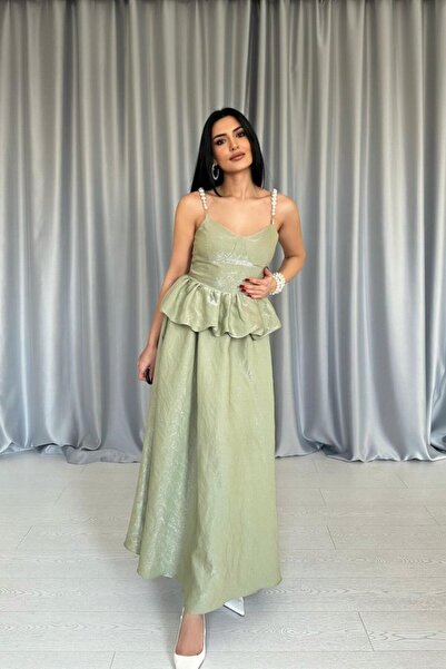 JANES Zelena Beli Naborano duga haljina sa bisernim remenom