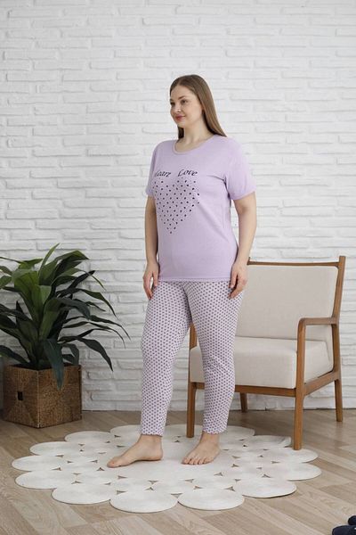 shopshop Women's Lilac Oversize Large Size Patterned Short Sleeve Thin Summer Pajama Set