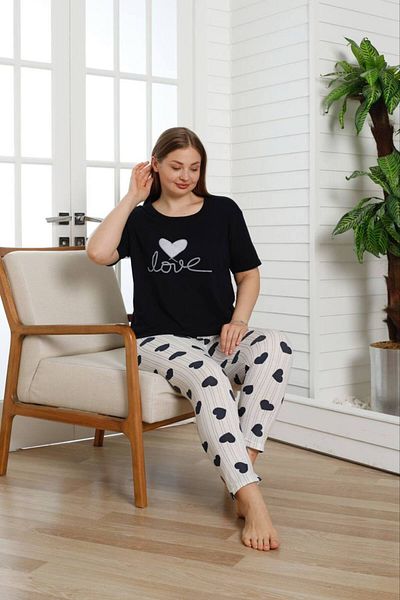 shopshop Women's Navy Blue Oversize Large Size Heart Patterned Short Sleeve Thin Summer Pajama Set