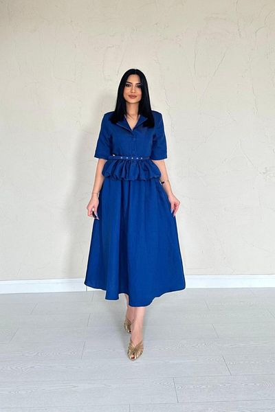 MRA Fashion Navy Blue Thin Belted Ruffle Jacket and Gathered Skirt Set