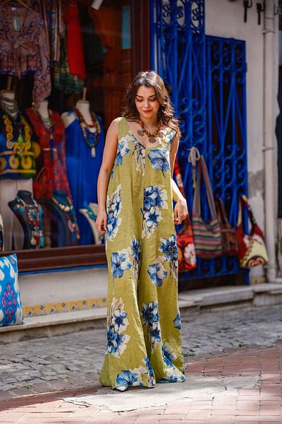 Miss Boheme Green Color Floral Patterned Linen Jumpsuit