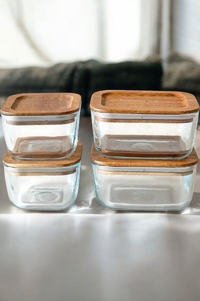 Mirilliahome Set of 4 Vacuum Breakfast Bowls with Acacia Lids - Square and Rectangular Glass