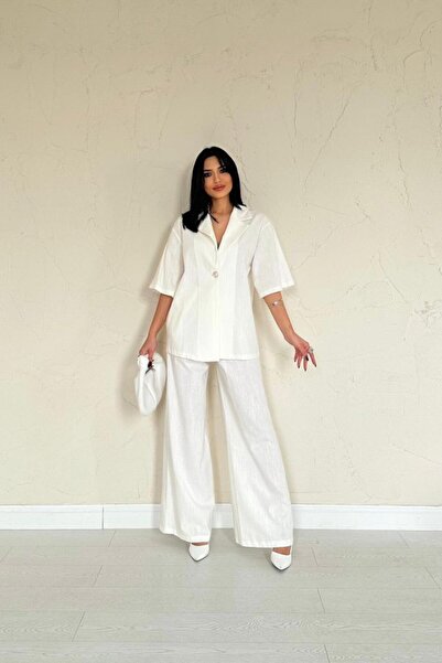 COTTONLAB Ecru Front Single Button Jacket Pants Set