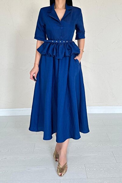 JANES Navy Blue Thin Belted Ruffle Jacket and Gathered Skirt Set