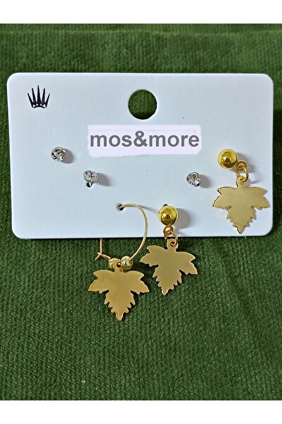 mos&more 6 Parça, Gold Yaprak Kadın Küpe Seti