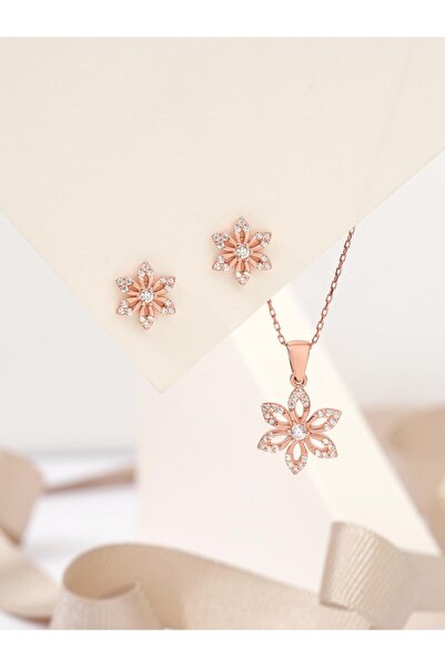 Siset Gümüş 925 Ayar Rose Kaplama Yıldız Model  İkili Gümüş Set
