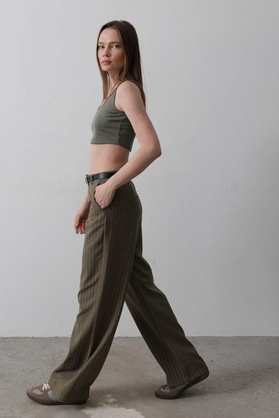 MRA Fashion Belted Palazzo Trousers - Khaki-White