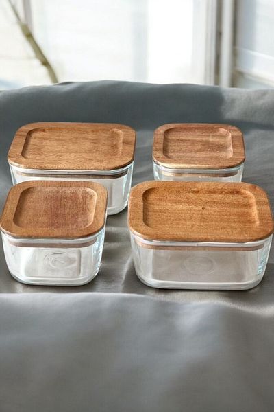 Mirilliahome Set of 4 Vacuum Breakfast Bowls with Acacia Lids - Square and Rectangular Glass