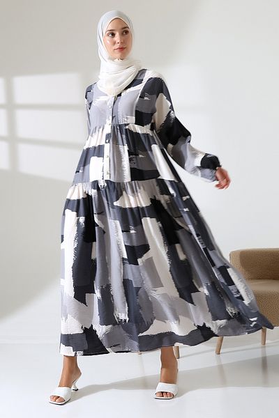 Mihran Butik Γυναικείο φόρεμα με μοτίβο Modal υφαντό γκρι χιτζάμπ