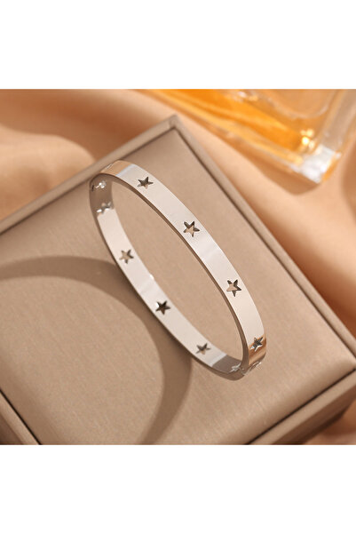 Choice سوار من الفولاذ التيتانيوم المجوف على شكل نجمة فضية للنساء، سوار بسيط ...