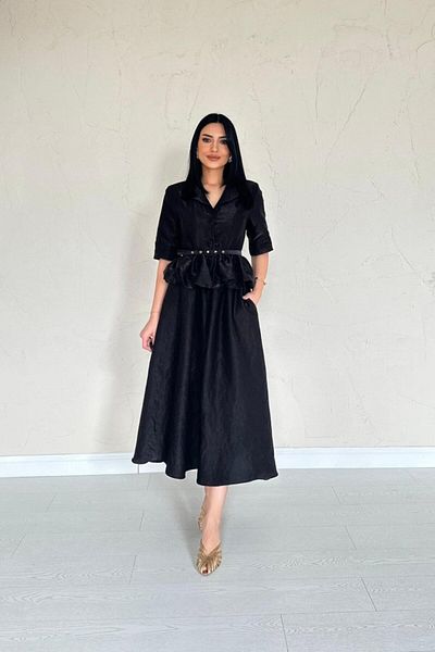 MODAVERA Black Thin Belted Ruffled Jacket and Gathered Skirt Set