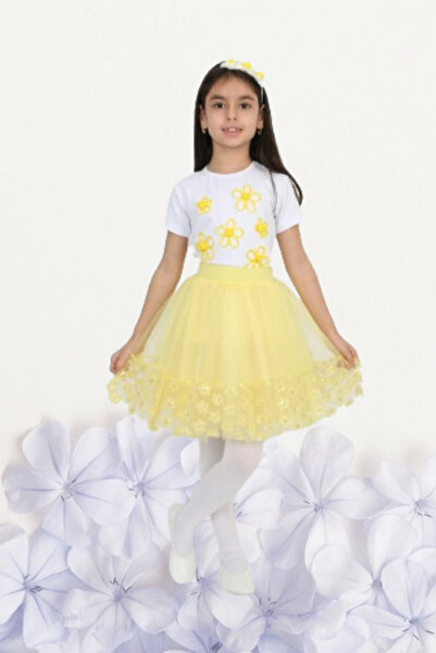 Nacar Kız Çocuk 23 Nisan Kıyafeti Kostüm Tütü Etek Kısa Kol Desenli Tshirt Takım