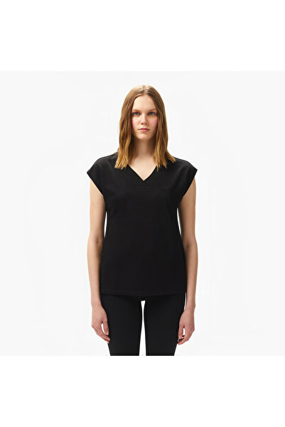 Lacoste Kadın Slim Fit V Yaka Siyah T-Shirt