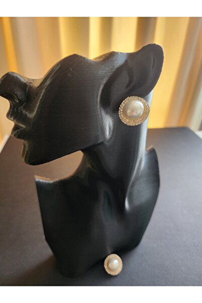 ALLEGRİA Elegant and Stylish Steel Earrings Surrounded by Gold Round Pearl an...