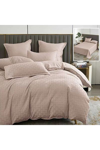 Pucioasa Double bed linen, plain geometric, 6 pieces, polycotton, Cappuccino