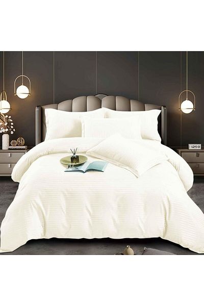 Pucioasa Double bed linen in polycotton damask, elasticated cover, 6 pieces, light cream