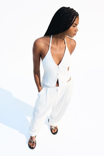 Bershka Linen blend balloon fit trousers with darts