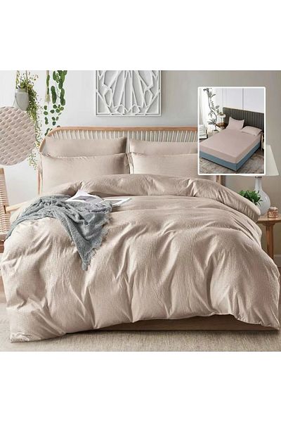 Pucioasa Double crepe bed linen with elastic 6 pieces, polycotton, Beige