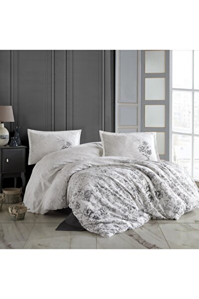 Pucioasa Double bed linen made of 100% cotton, white with gray flowers, Napa