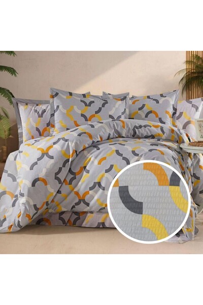 Pucioasa Lenjerie pat dublu creponata 6 piese, bumbac 100%, Gri Geometric