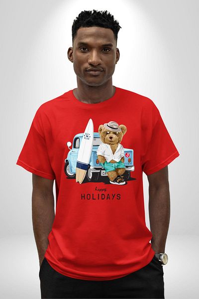 Soufeel Surfer Sweet Teddy Bear with Trolley Women Men Front Printed Red Cotton T-Shirt Combed Classic
