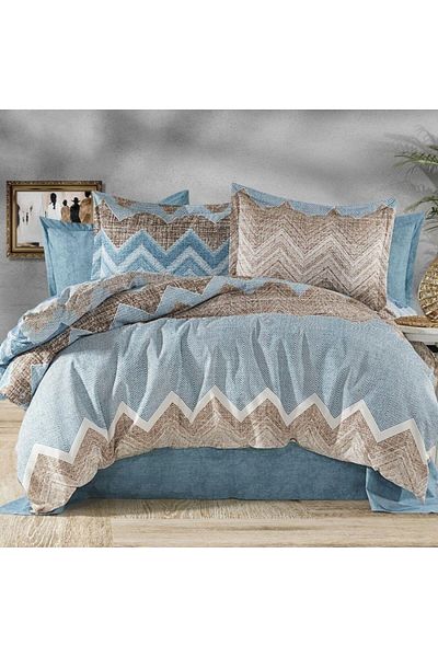 Pucioasa Double bed linen brown with blue zigzag, RNFN236