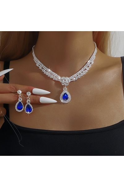 Choice 808347-blue 3pc Women's Fashion Copper Claw Chain Temperament Water Drop Necklace Earrings Jewelry S