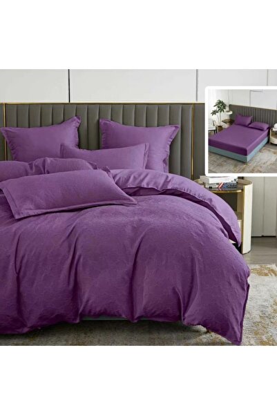 Pucioasa Lenjerie pat dublu natur baroque cu elastic, 6 piese, policoton, Mov