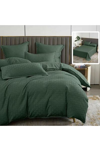 Pucioasa Double bed linen, plain geometric, 6 pieces, polycotton, Green