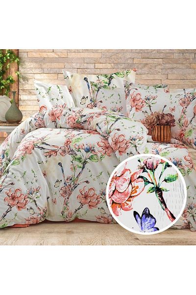 Pucioasa Double crepe bed linen with elastic for mattress 160x200cm, 100% cotton, coral cherry flowers