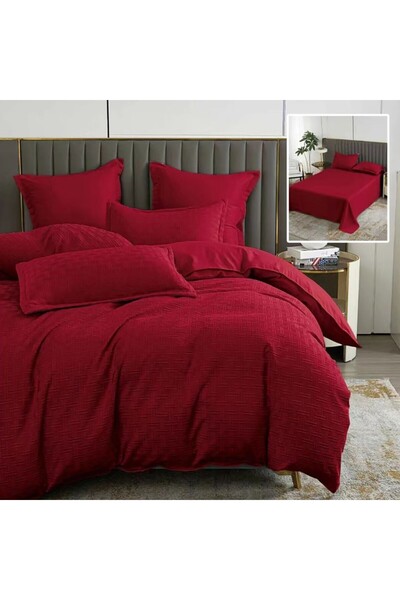 Pucioasa Lenjerie pat dublu natur uni geometric, 6 piese, policoton, Rosie