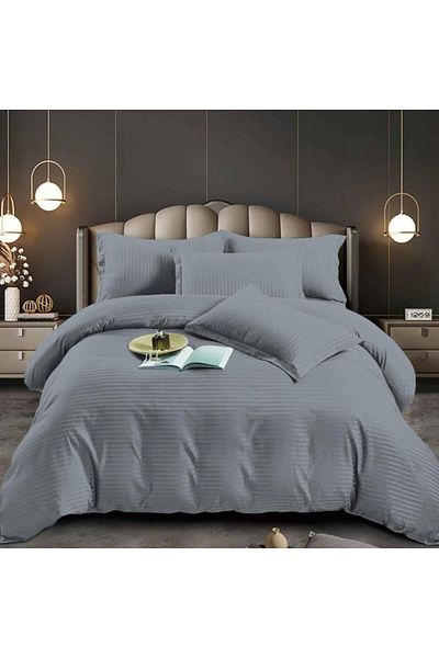 Pucioasa Double bed linen in polycotton damask, elasticated cover, 6 pieces, grey